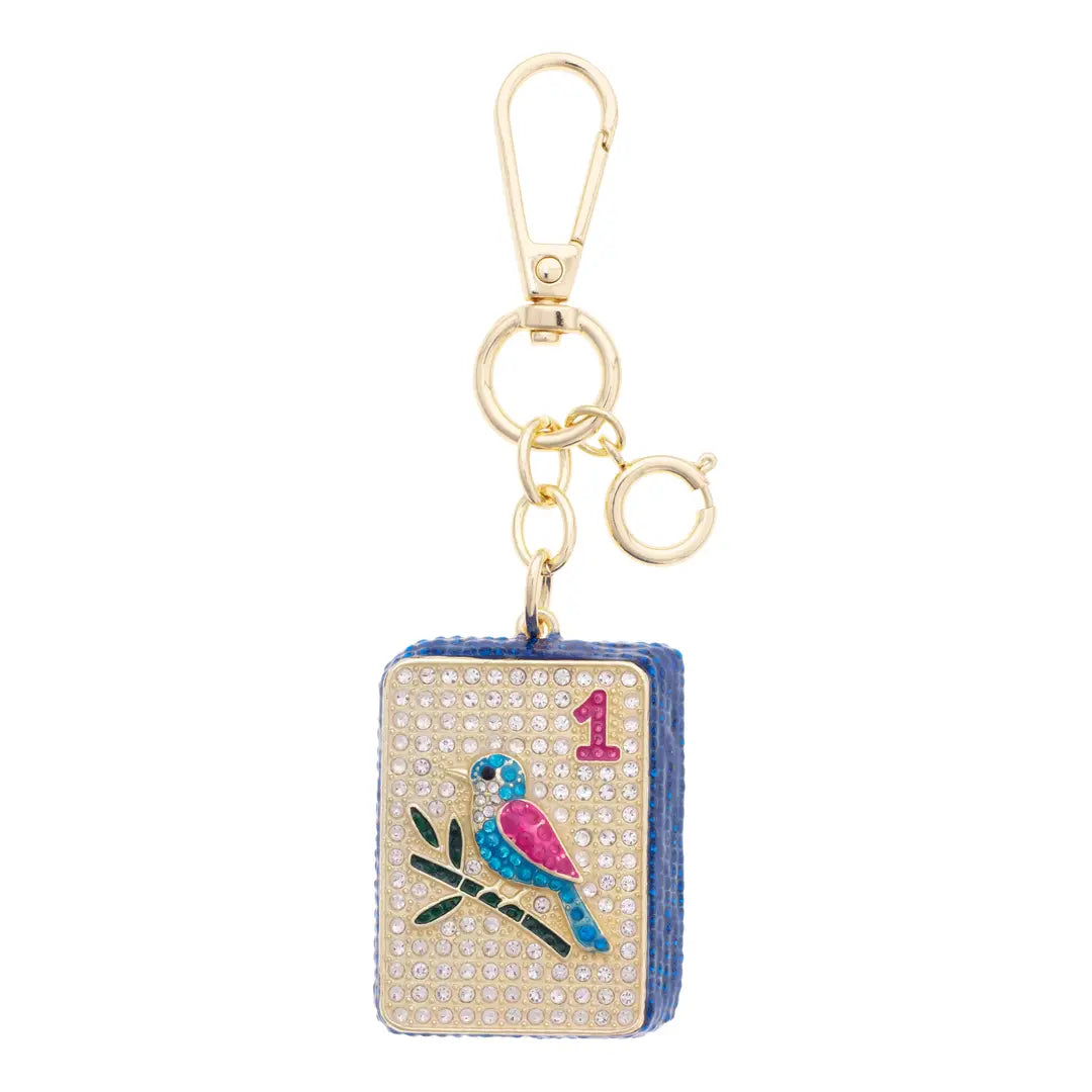 Mahjong One Dot Tile Embellished Bag Charm in White, Blue