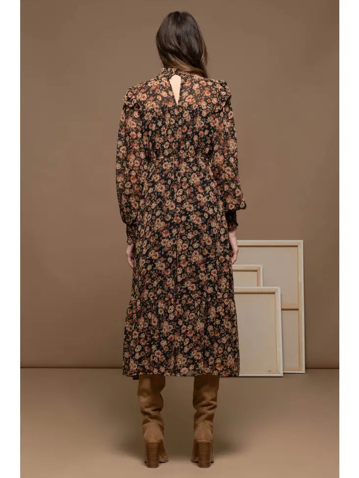 Mock Neck Floral Midi Dress