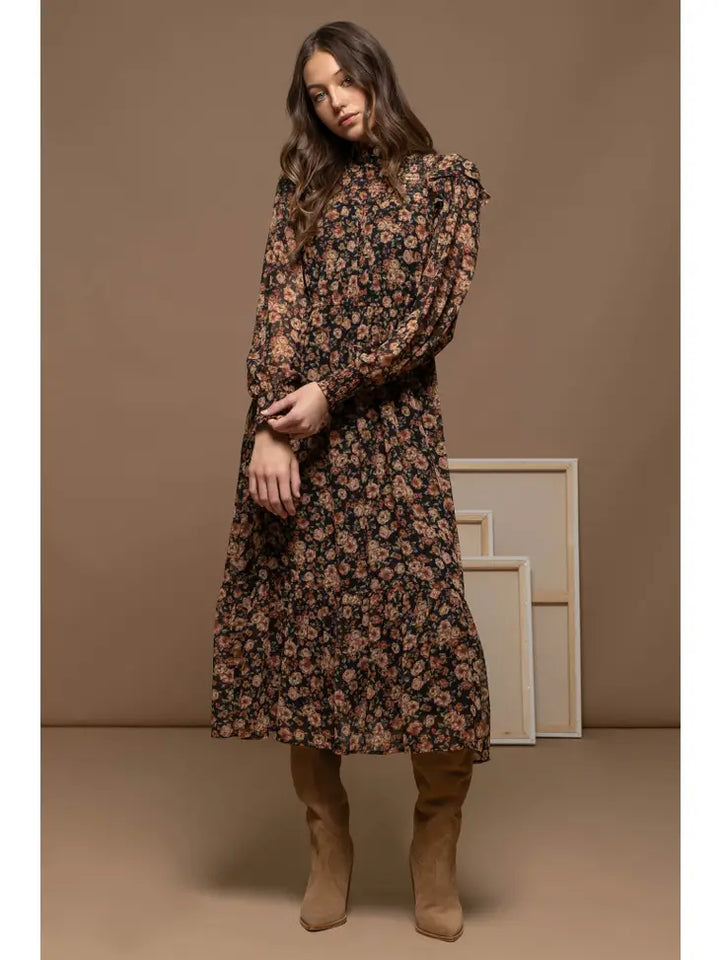 Mock Neck Floral Midi Dress
