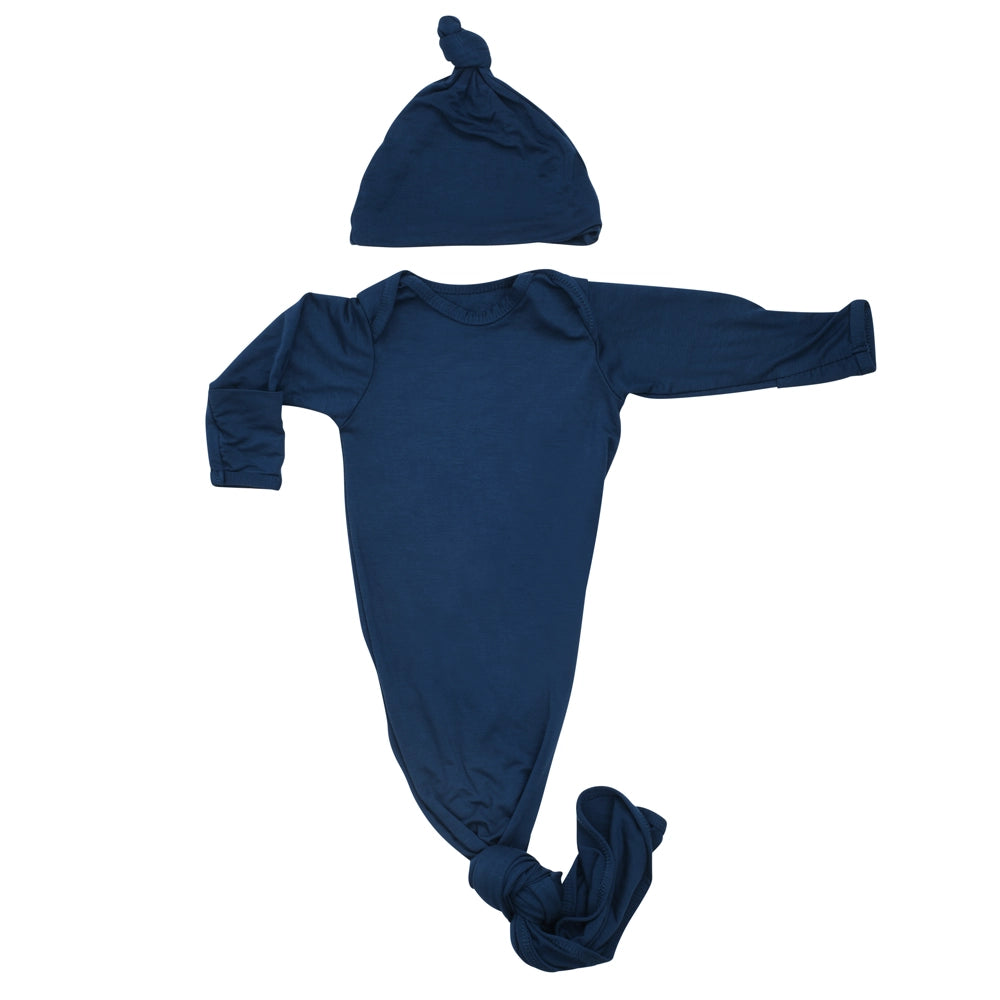 Navy Knotted Baby Gown & Hat Set