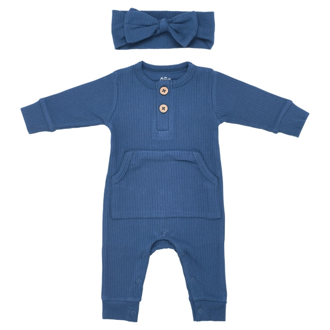 Baby Ribbed Playsuit w/ Pocket - Navy