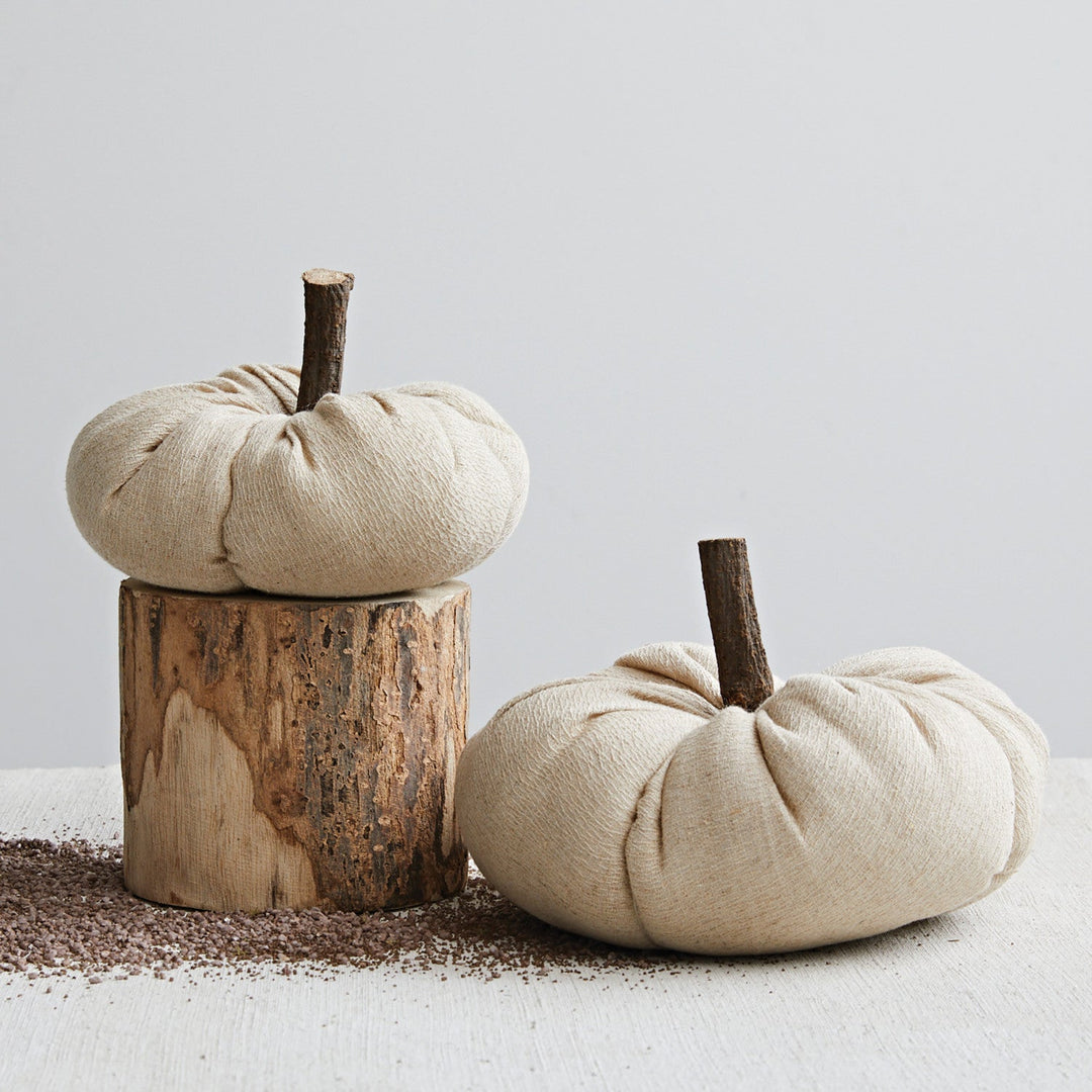 Nutmeg Fabric Pumpkin with Wood Stem - Small