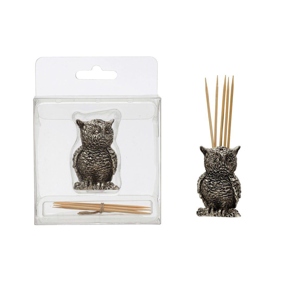 Pewter Owl Toothpick Holder with toothpicks