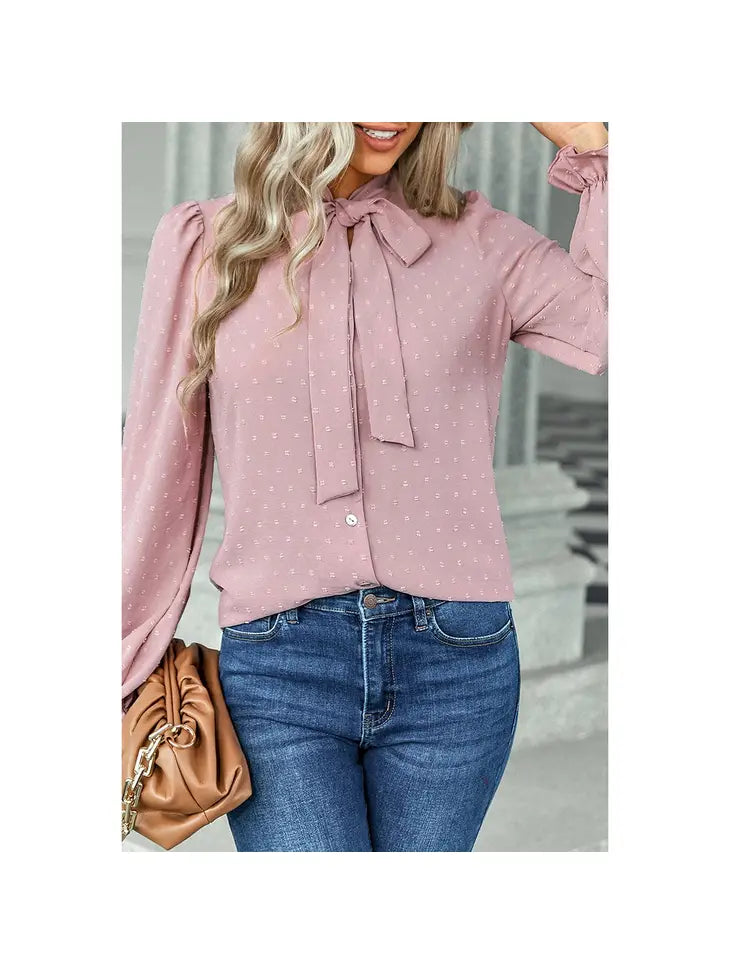 Solid Bow Tie Neck Ruffle Shirt - Pink