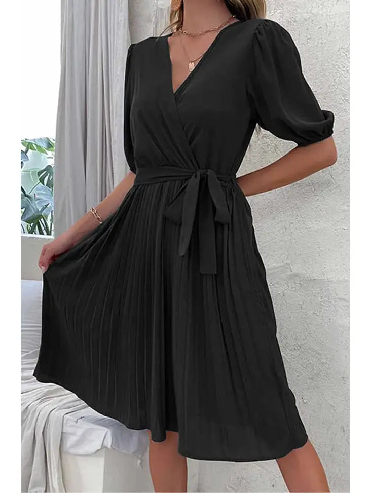 Pleated V-Neck Dress with Puff Sleeves - Black