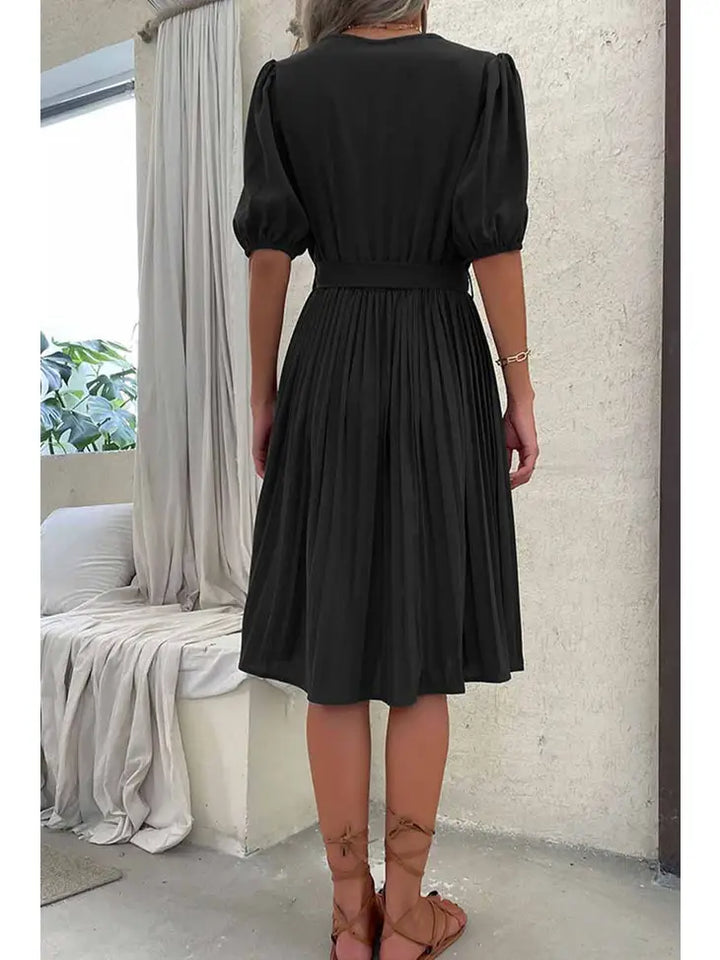 Pleated V-Neck Dress with Puff Sleeves - Black