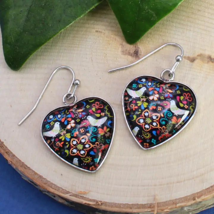 Retro Love Floral Print Heart Earrings