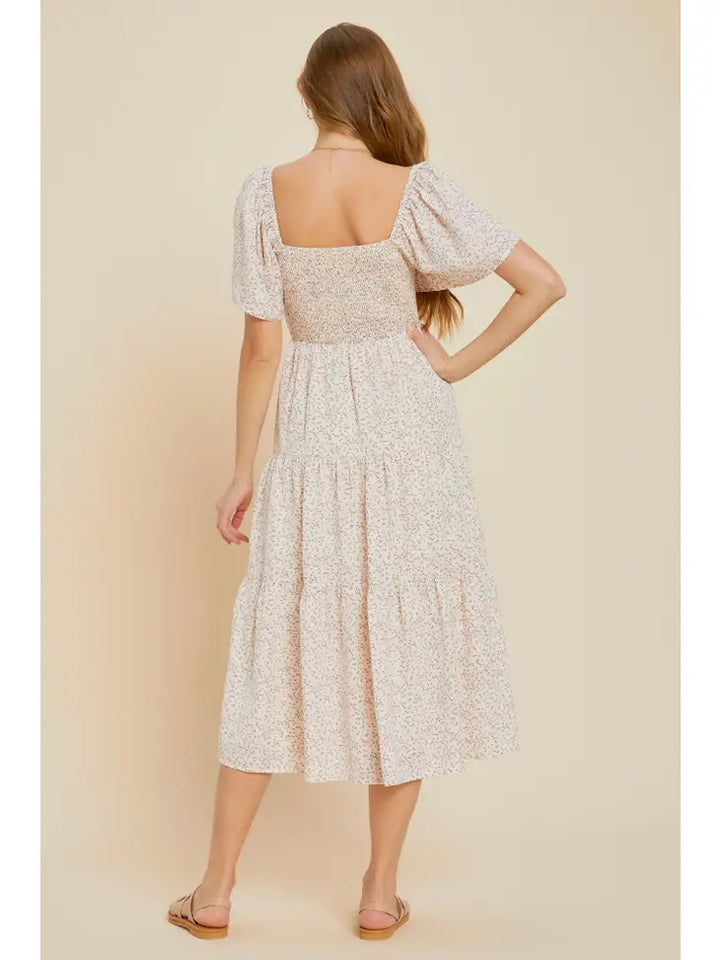 Ditsy Floral Tiered Ruffle Midi Dress- Dusty Rose