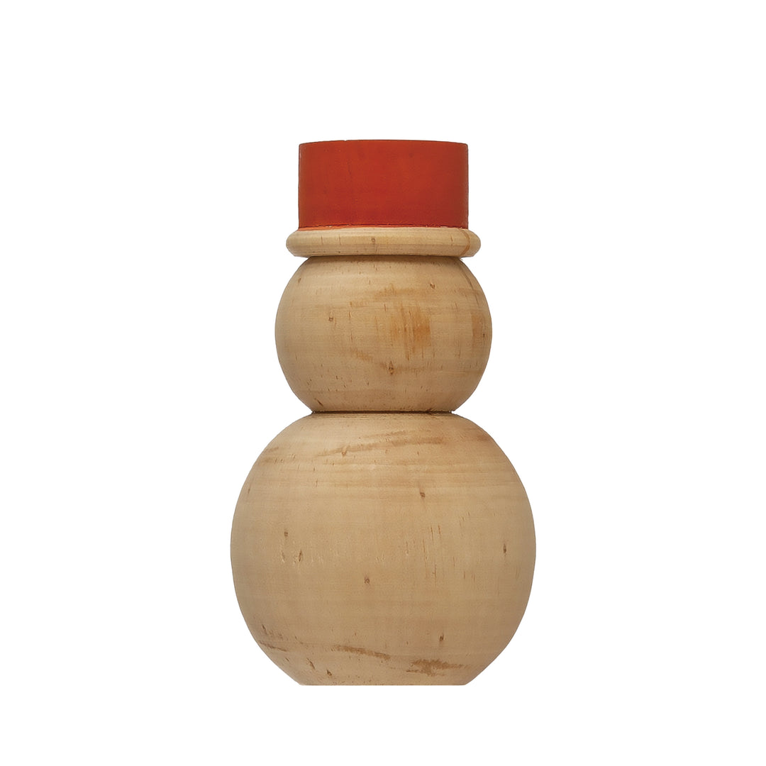 4" Pine Wood Snowman with Hat, Natural and Red