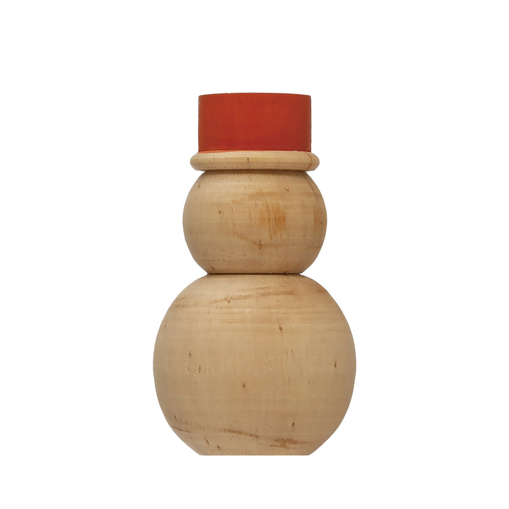4" Pine Wood Snowman with Hat, Natural and Red