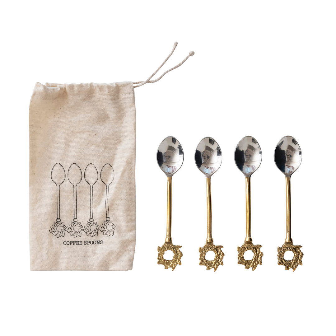 Stainless Steel and Brass Spoons with Wreath Handles