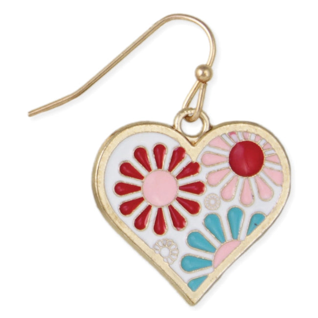 Spring Love Pastel Flowers Gold Heart Earrings
