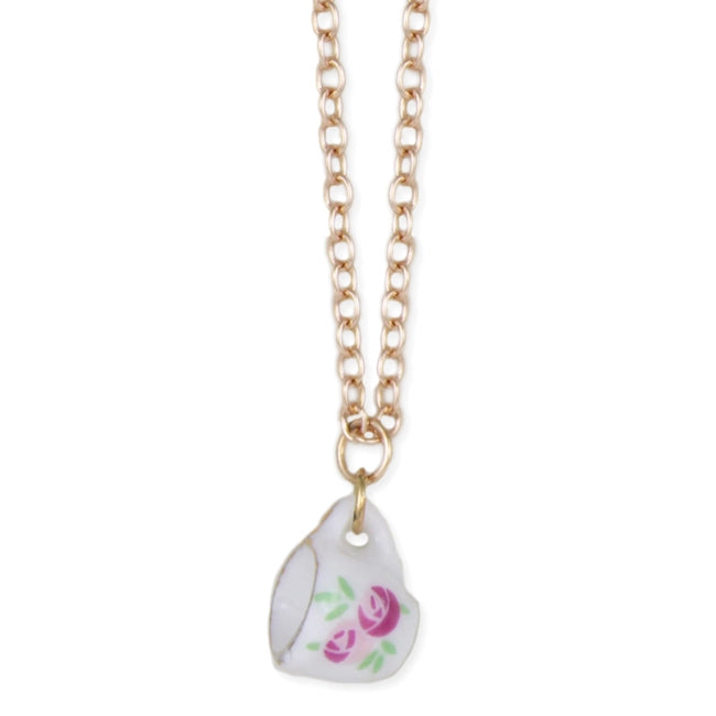 Pink White Ceramic Teacup Gold Necklace