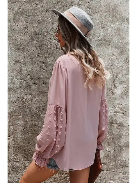 V Neck Solid Long Sleeve Sheer Top - Pink