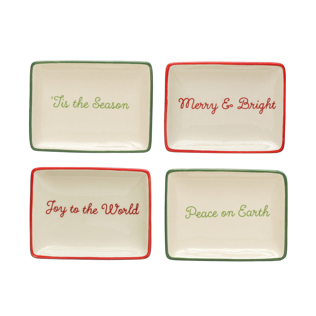 4"L x 3"W Stoneware Dish w/ Holiday Words & Red/Green Rim, Cream Color, 4 Styles