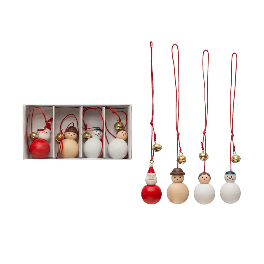 Pine Wood Christmas Ornaments w/ Jingle Bell - Box Set of 4