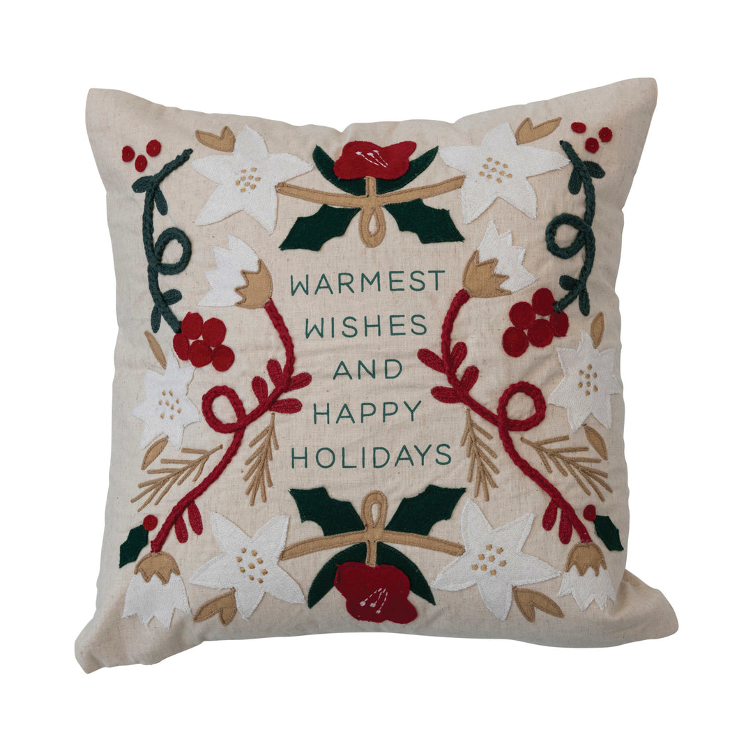 20" Square Cotton & Linen Pillow w/ Embroidery & Applique "Warmest Wishesâ€¦", Multi Color