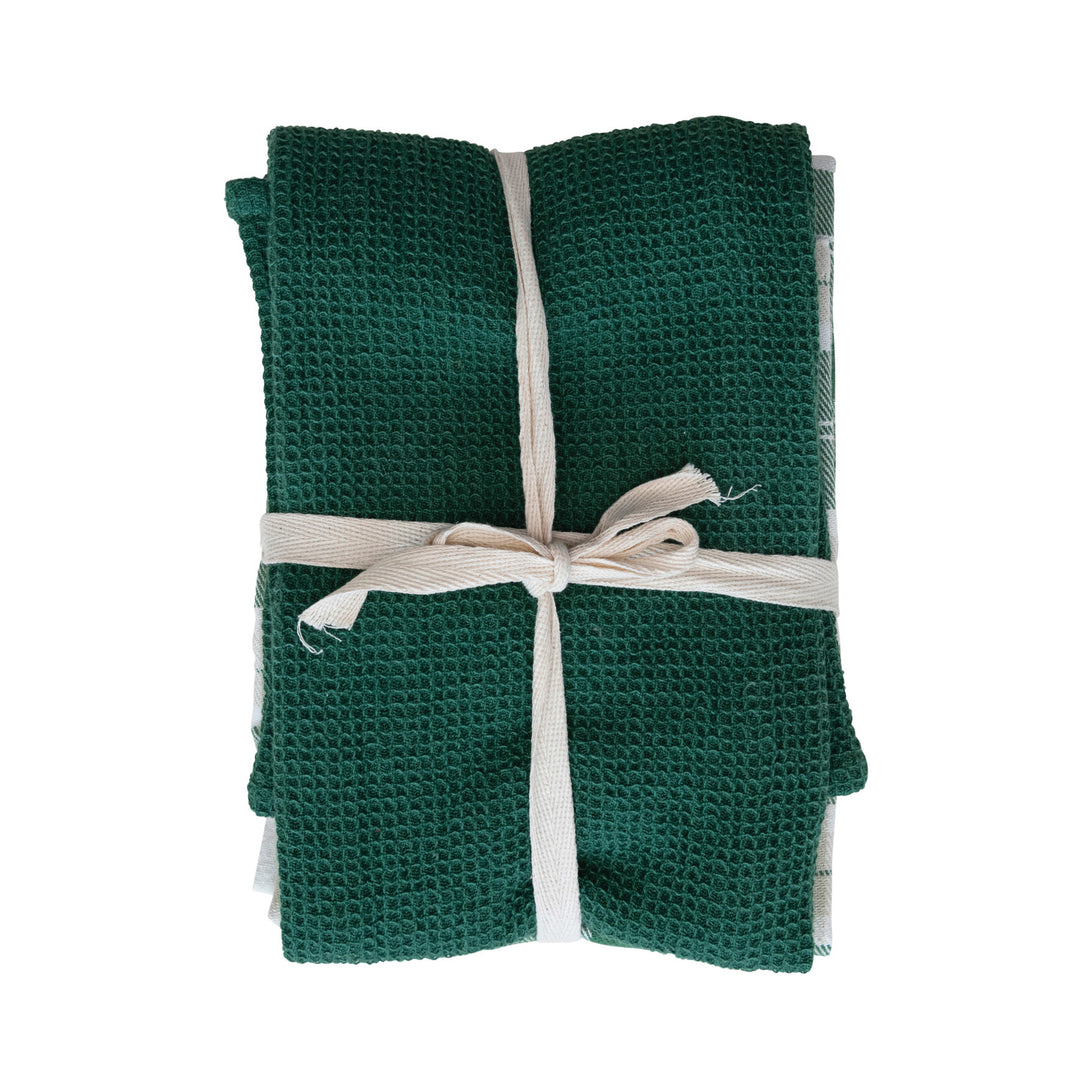 Green & White Cotton Woven Tea Towels