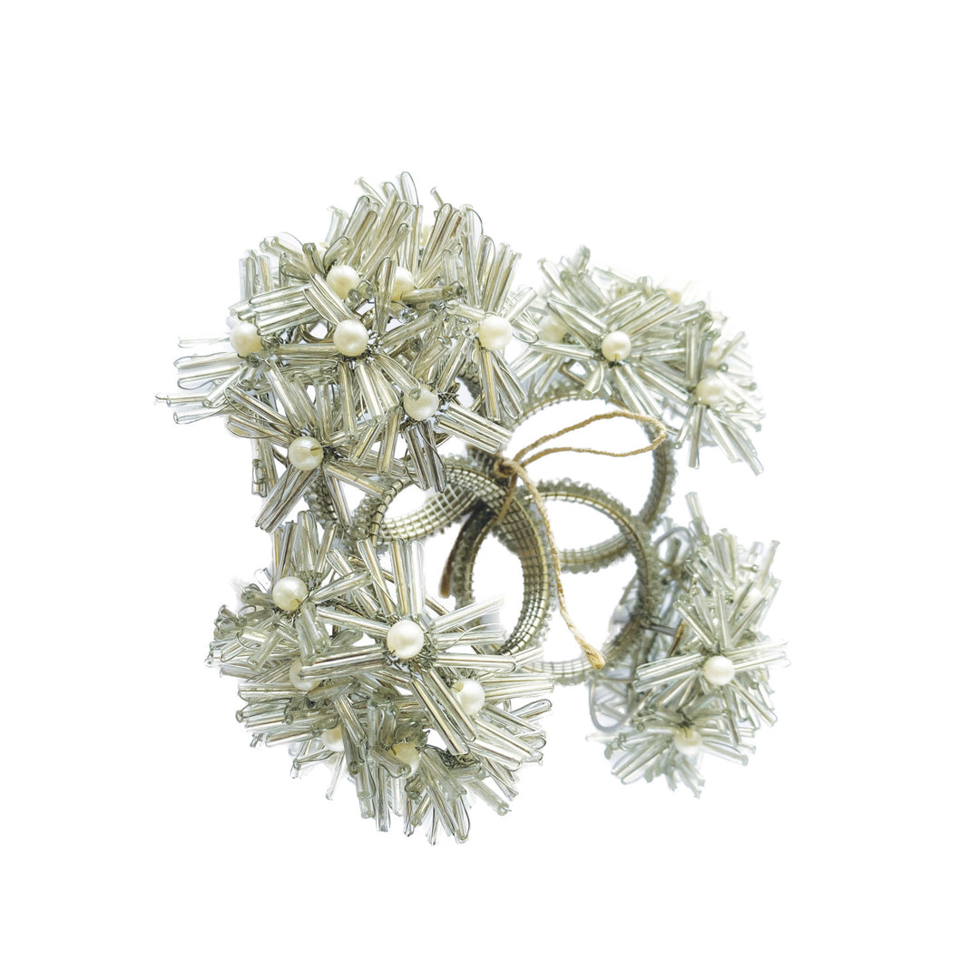 Glass Beaded Metal Floral Napkin Rings, Silver Finish, Set of 4