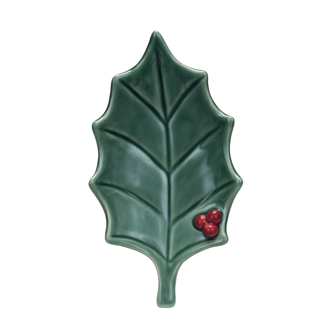 Stoneware Holly Leaf Shaped Dish, Reactive Glaze, Green & Red (Each One Will Vary)