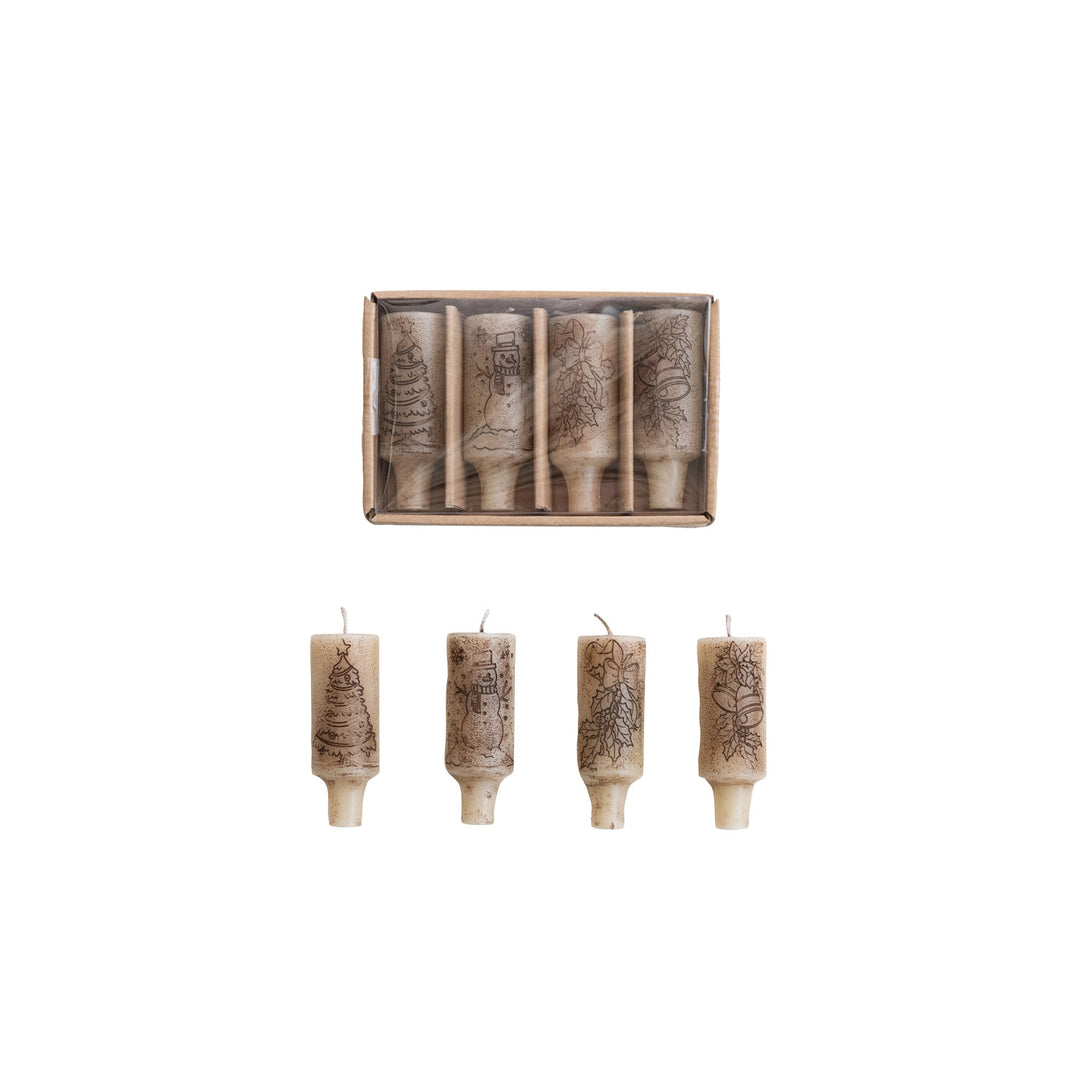 Unscented Bottle Taper Candles in Box with Design, Set of 4