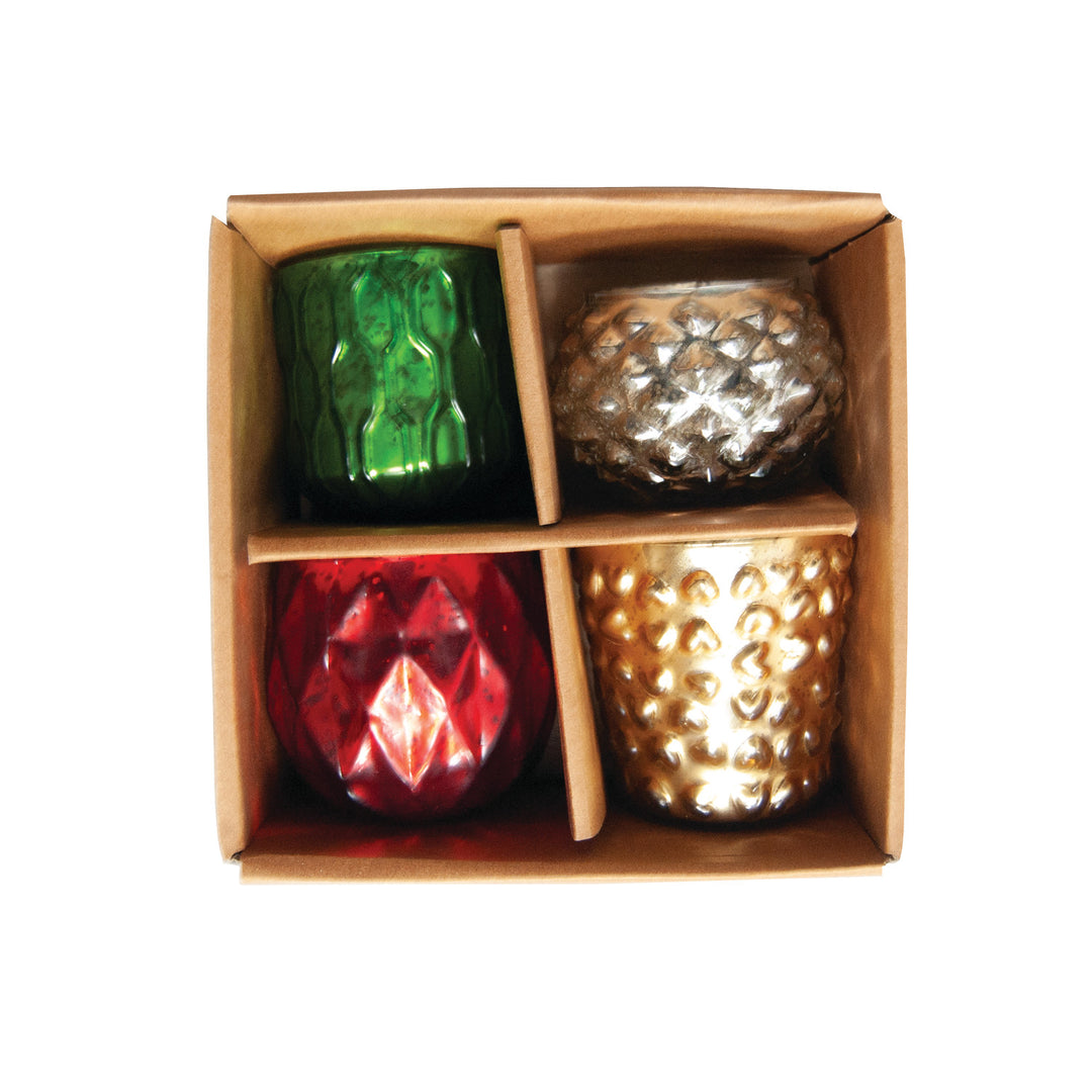 Embossed Mercury Glass Tealight Holders, Boxed Set of 4