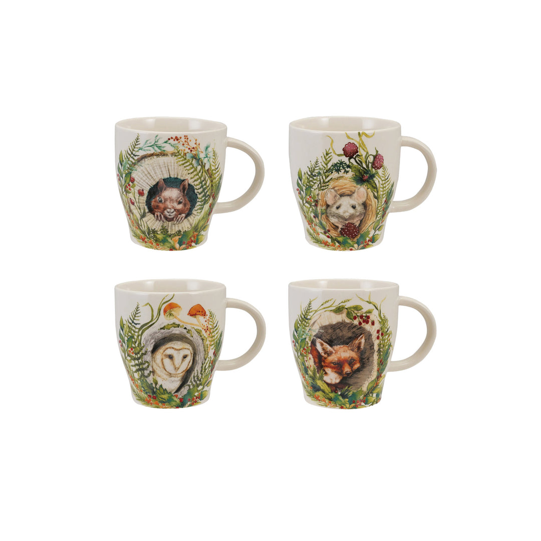 14 oz. Stoneware Mug with Woodland Animal & Seasonal Botanicals, 4 Styles ©