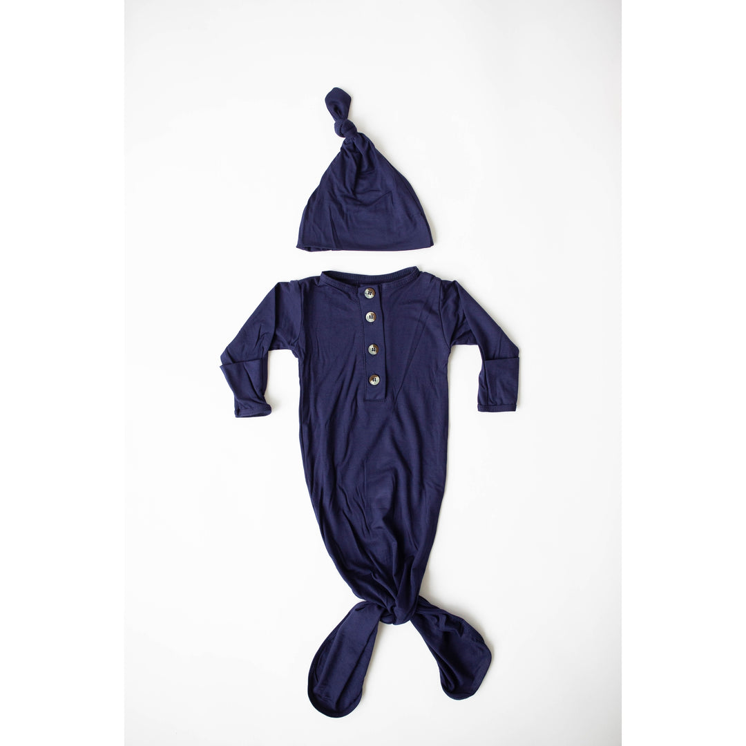 Knotted Baby Gown and Hat Set - Navy