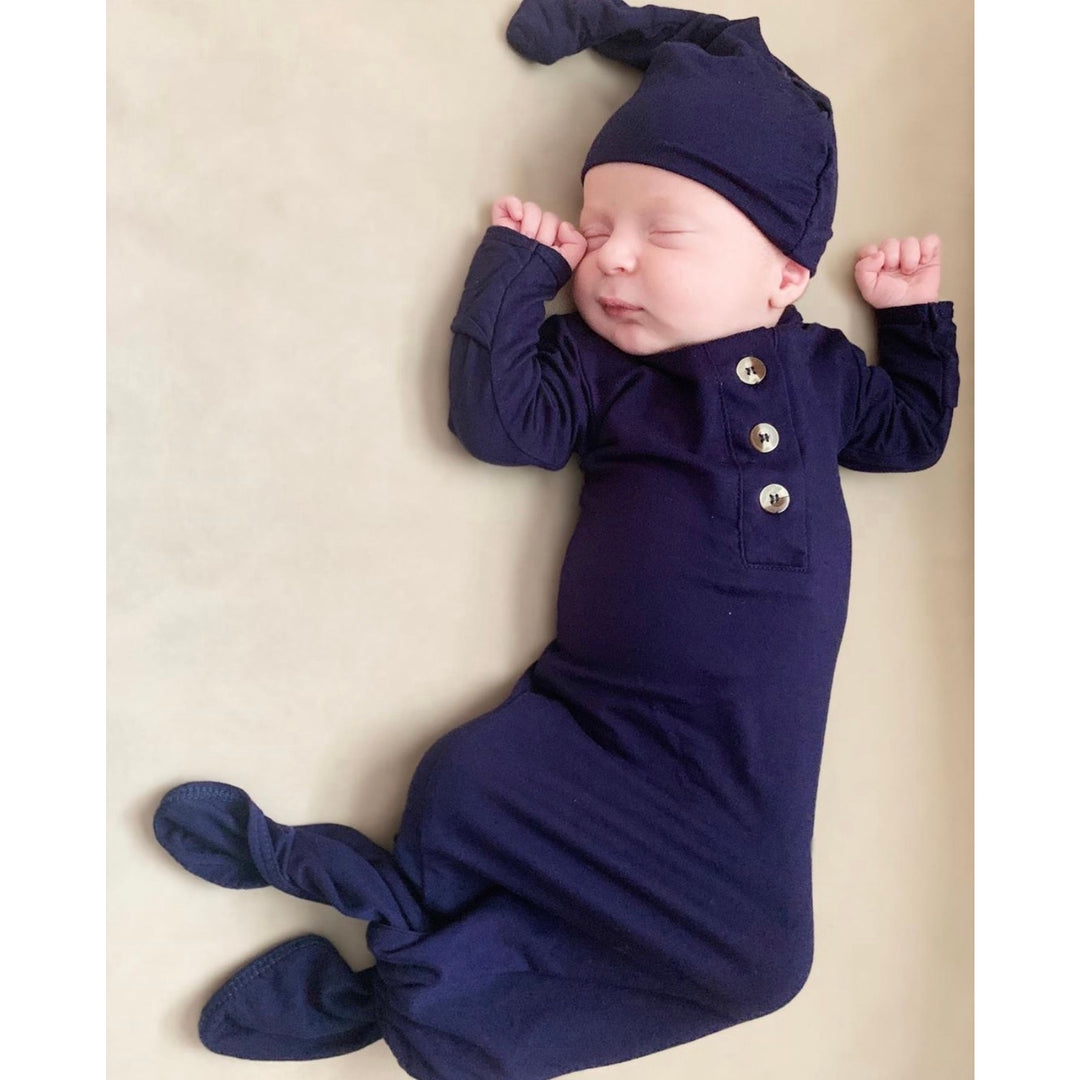 Knotted Baby Gown and Hat Set - Navy