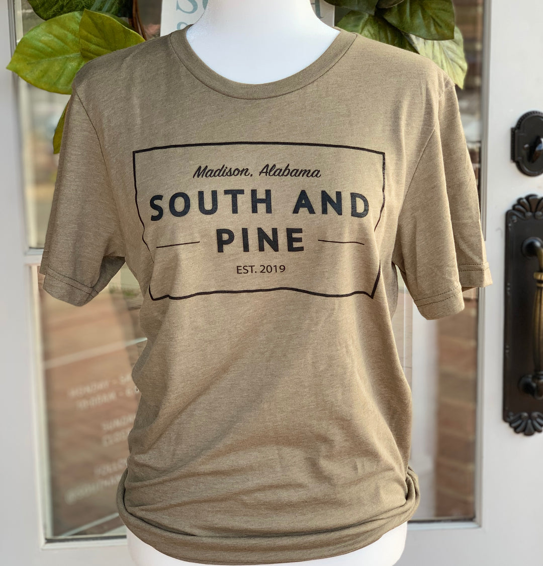 South & Pine T-Shirt - Square Design Olive & Black