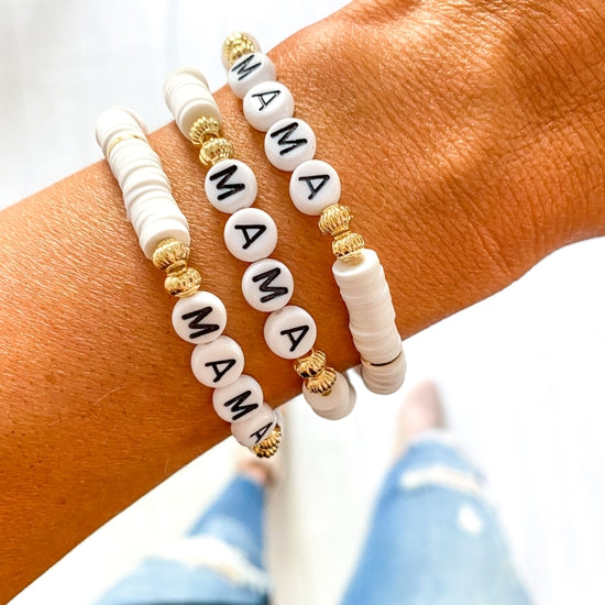 Mama Bracelet - White Beads & Black Letters