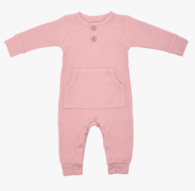 Baby Ribbed Playsuit w/ Pocket - Dusty Rose