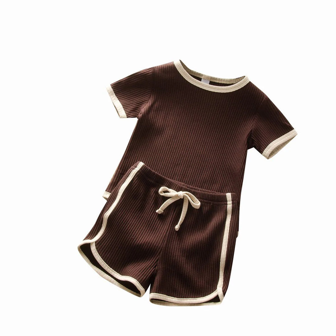 Two Piece Ribbed Romper & Shorts Set - Coffee