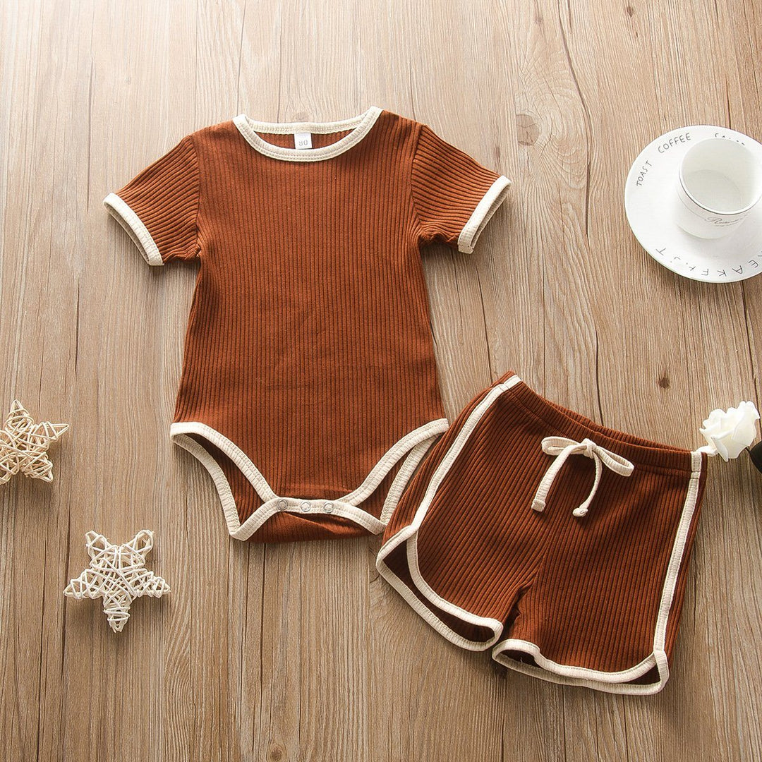 Two Piece Ribbed Romper & Shorts Set - Tan